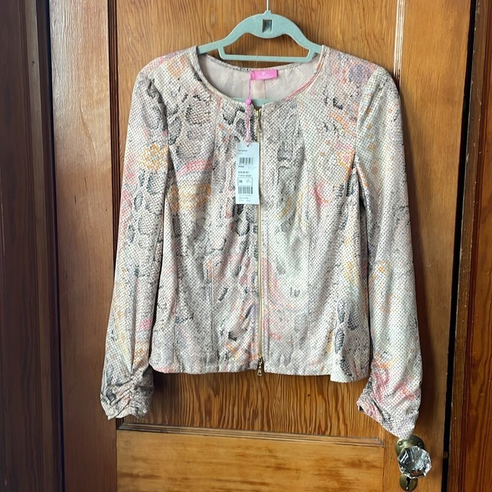 NWT Basler Vegan Suede Rouched Snakeskin Print Bomber Jacket